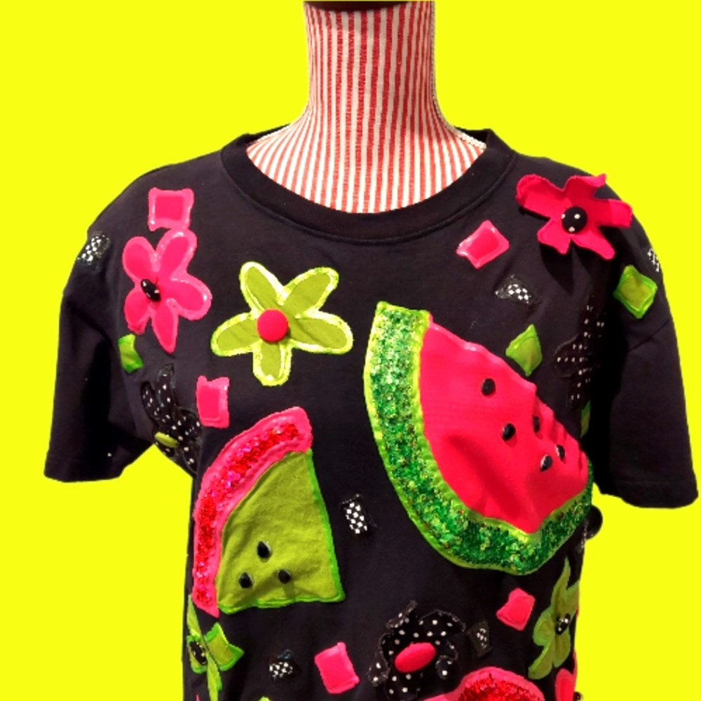 Vintage 3D Fabric Gems Watermelon Flower S/S Tee Size Med